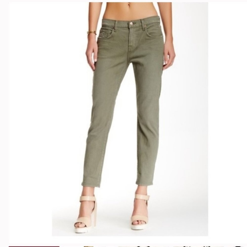 7 For All Mankind Army Green Relaxed Skinny Distressed Button Fly Ankle Jeans